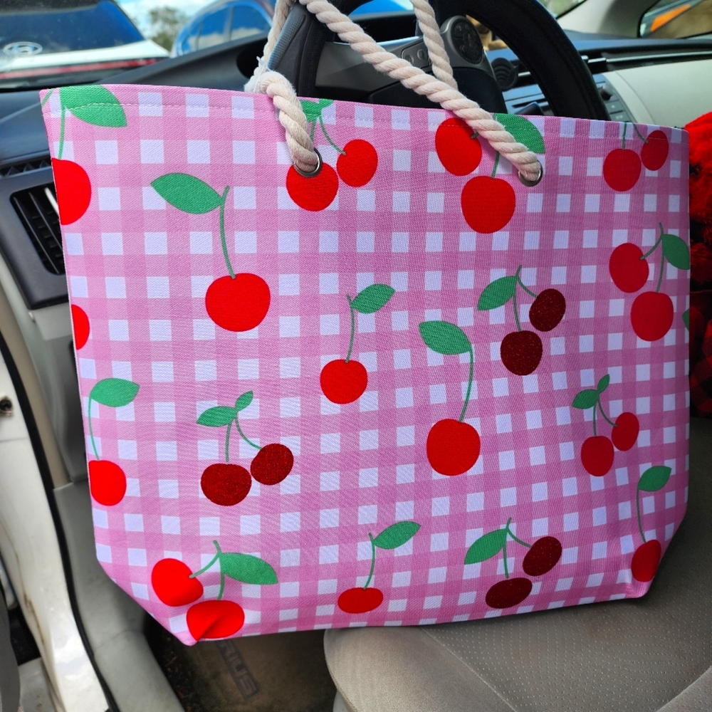Tote Cherries on pink gingham huge canvas tote